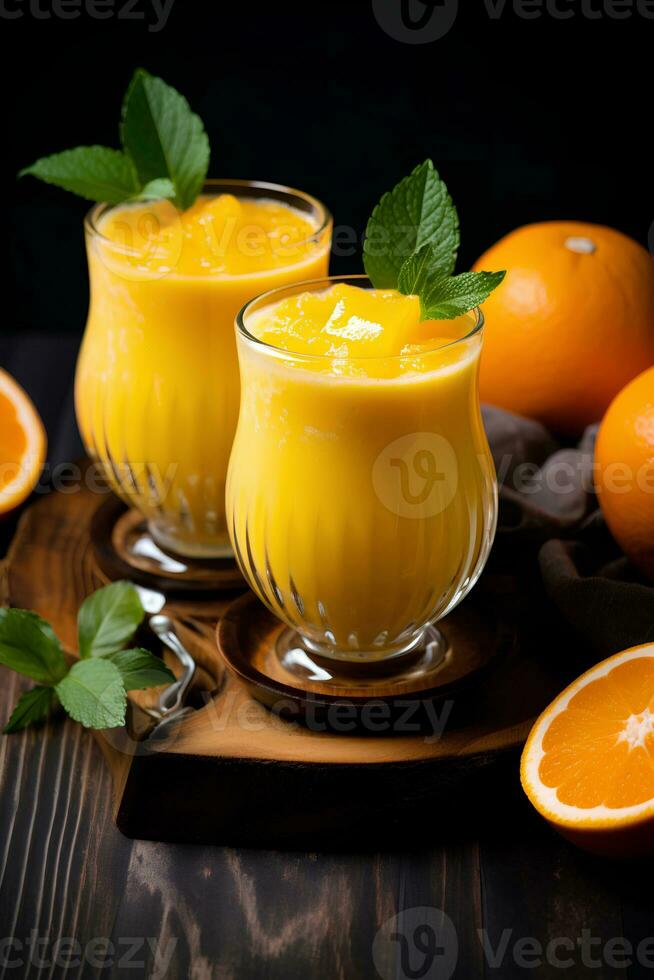 Two Glasses with Orange Curd and Fresh Oranges. Ai Generative photo