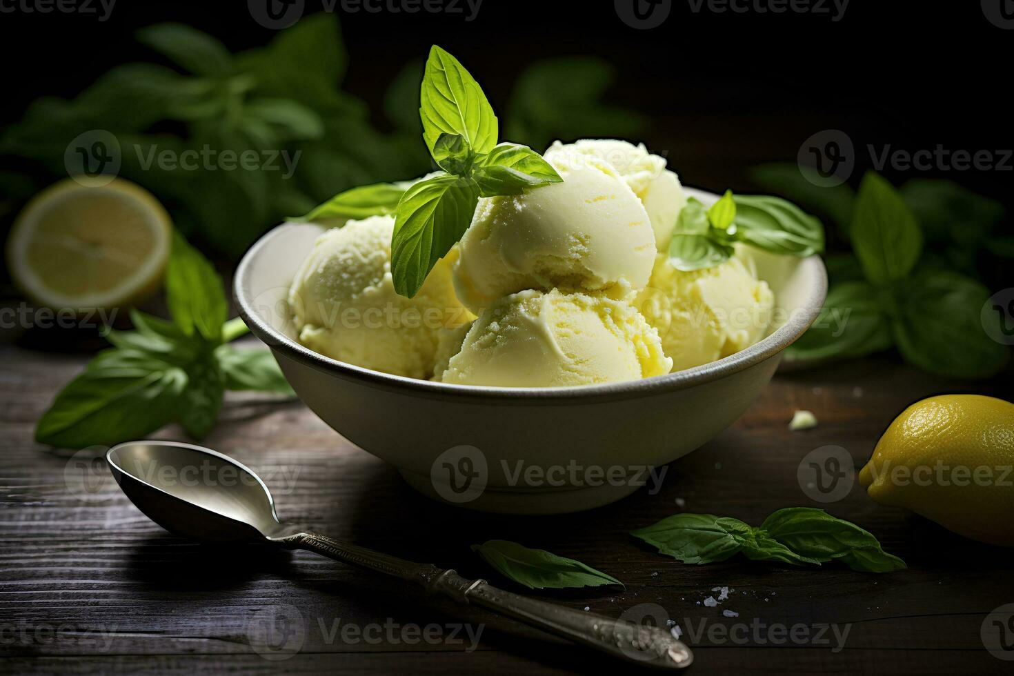 Lemon Gelato and Basil Elegance. Ai Generative photo