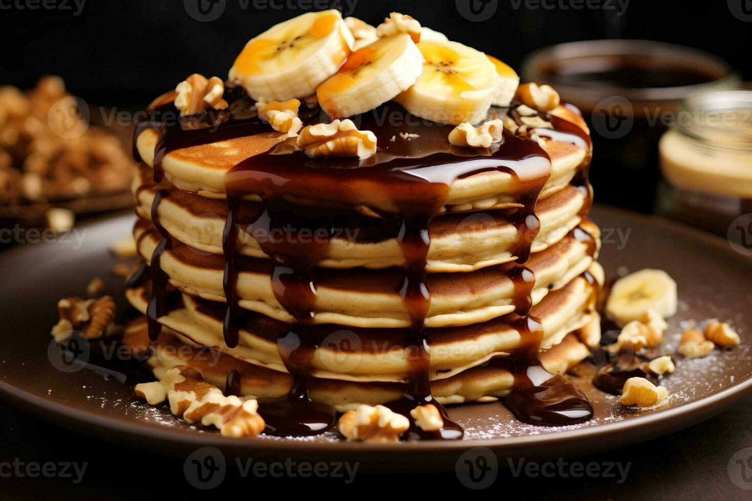 Stack of Delicious Banana Pancakes with Banana Garnish. Ai Generative photo