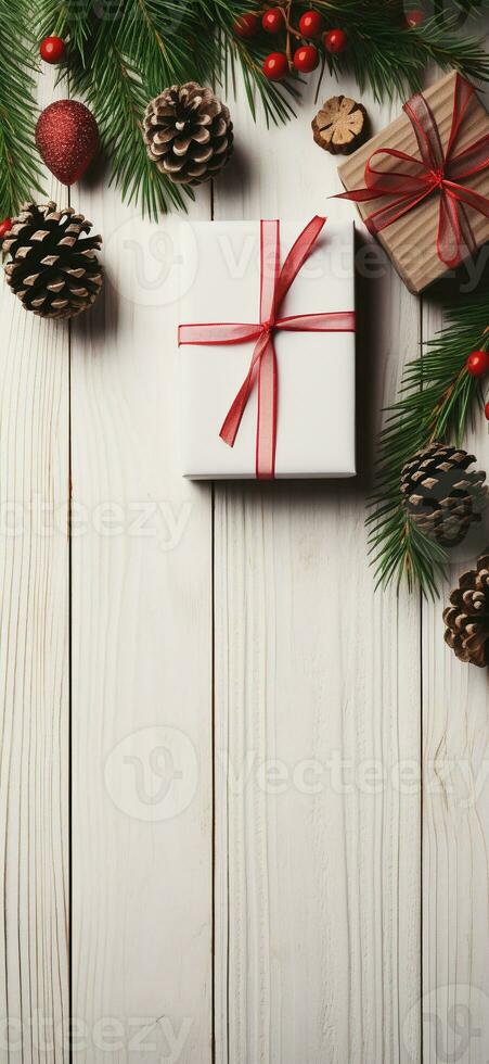 Christmas New Year card background with fir branches, cones, balls, gift box and ribbons. Flat lay with empty copy space. Ai generative photo