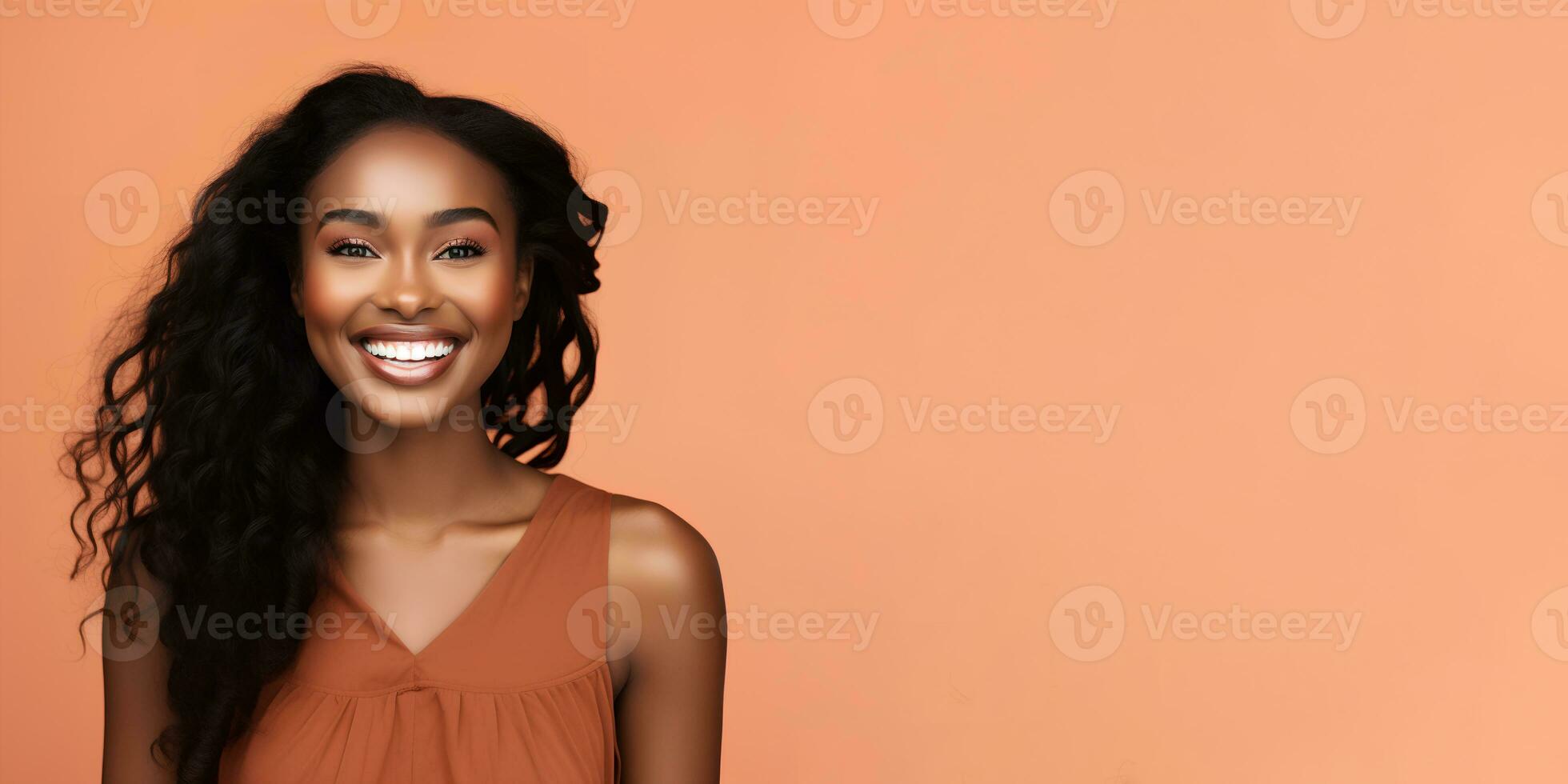 Smimilg young woman with dark skin and long groomed hair isolated on flat beige pastel background with copy space. Model for banner of cosmetic products, beauty salon and dentistry. Ai generative photo