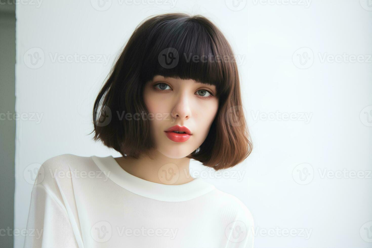Young woman with short bob haircut on light background. Ai generative photo