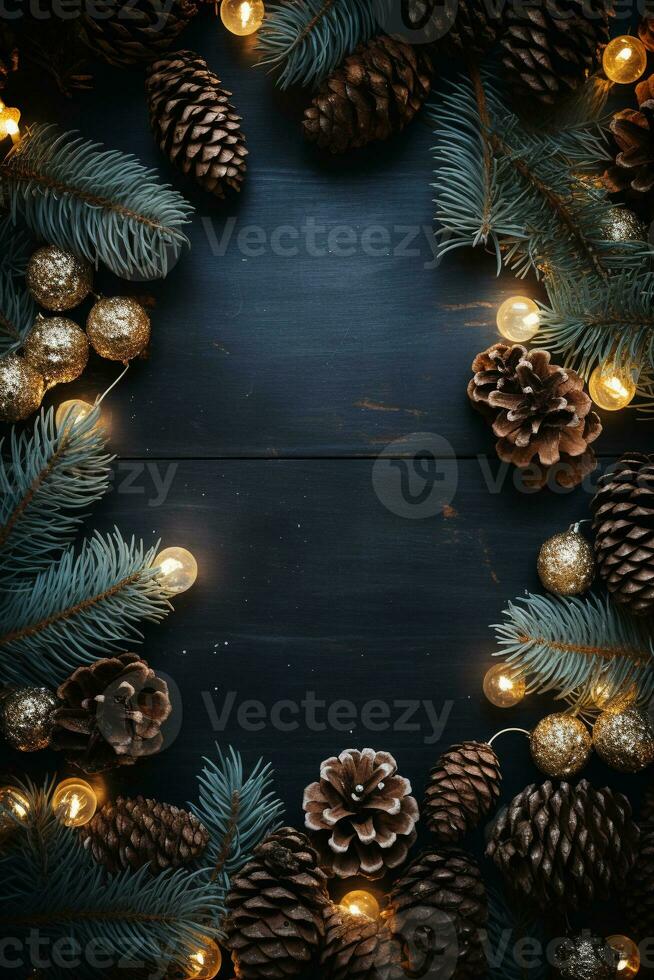 Background for a Christmas or New Year card. Composition of fir branches, cones, balls and garland lights. Flat lay with empty copy space. Ai generative photo