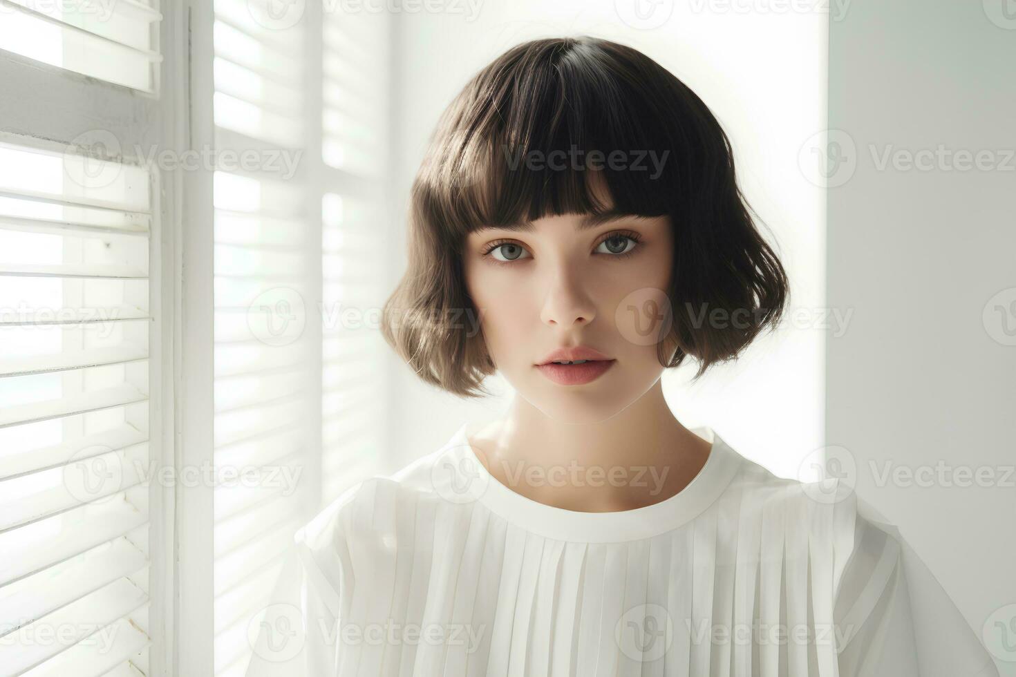 Young woman with short bob haircut on light background. Ai generative photo