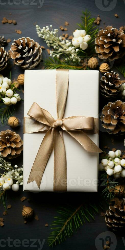 Christmas New Year card background with fir branches, cones, balls, gift box and ribbons. Flat lay. Ai generative photo