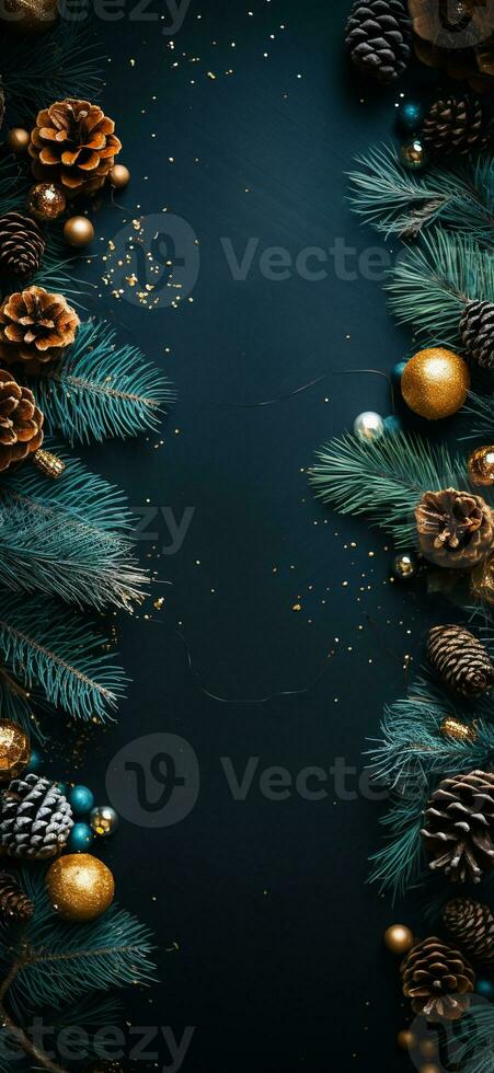 Background for a Christmas or New Year card. Composition of fir branches, cones, balls and garland lights. Flat lay with empty copy space. Ai generative photo