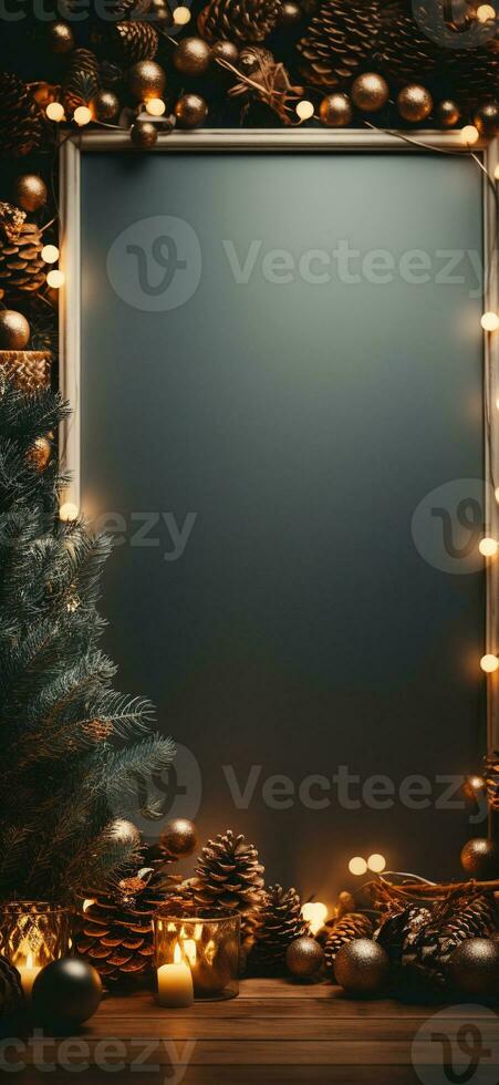 Background for a Christmas or New Year card. Composition of fir branches, cones, balls and garland lights. Flat lay with empty copy space. Ai generative photo