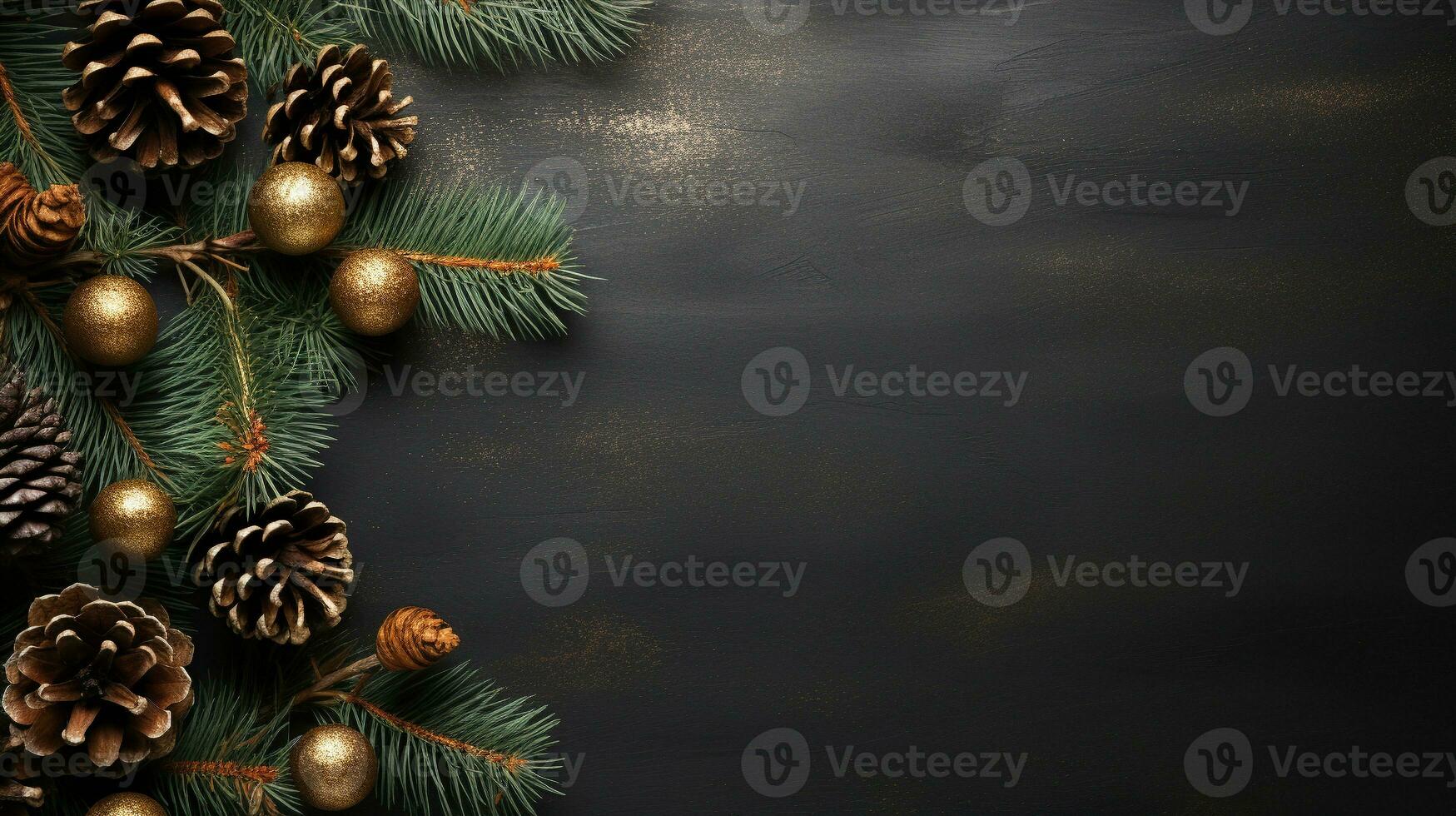 Background for a Christmas or New Year card. Composition of fir branches, cones, balls and garland lights. Flat lay with empty copy space. Ai generative photo