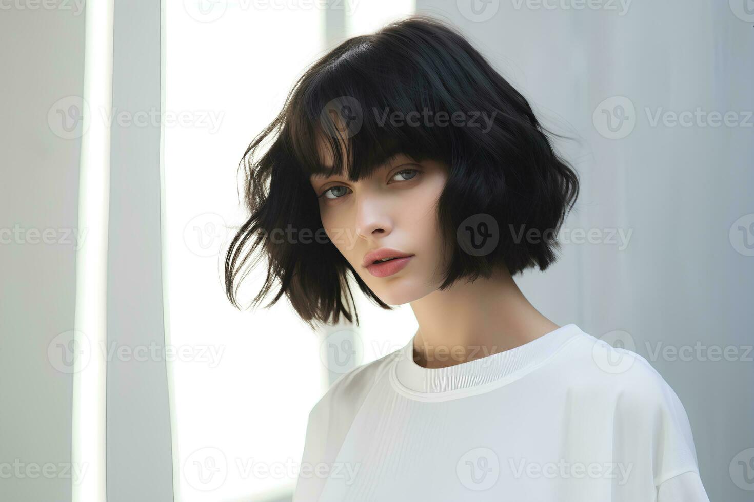 Young woman with short bob haircut on light background. Ai generative photo