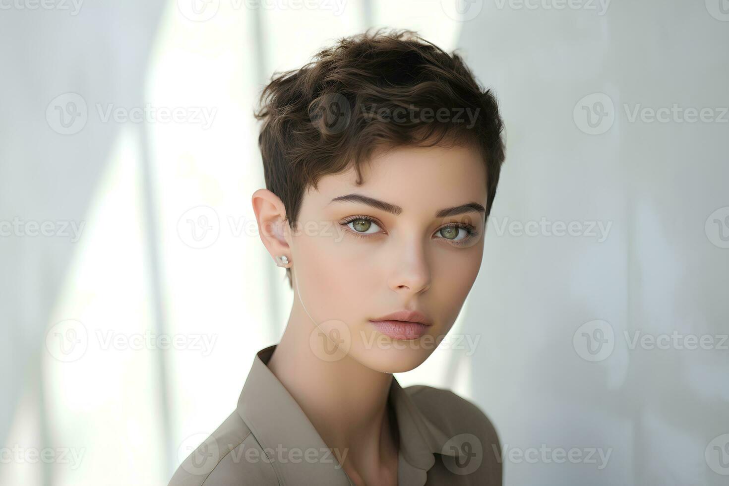 Beautiful woman with short bob haircut and tanned skin on light background. Ai generative photo