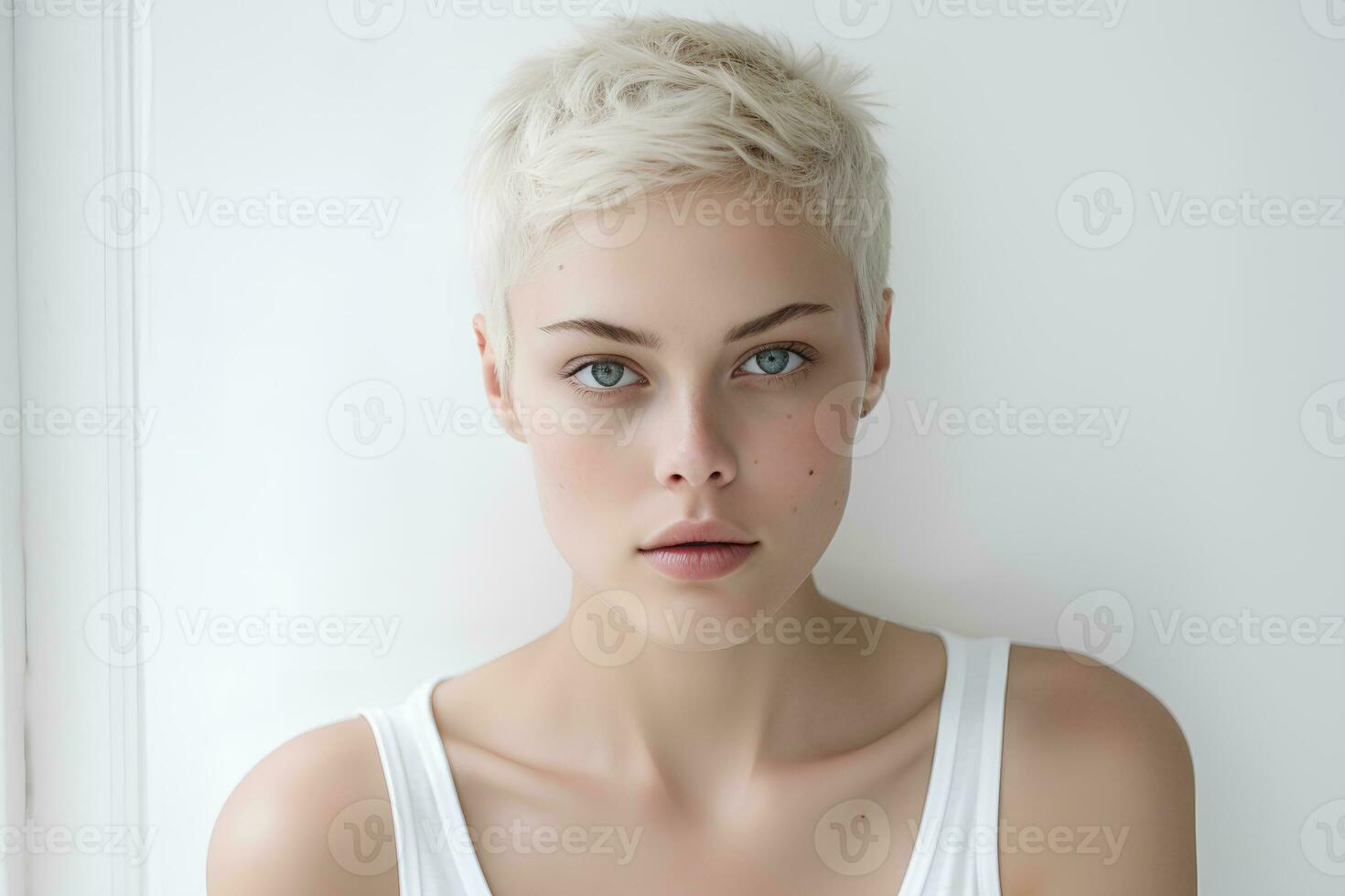 Young woman with short bob haircut on light background. Ai generative photo