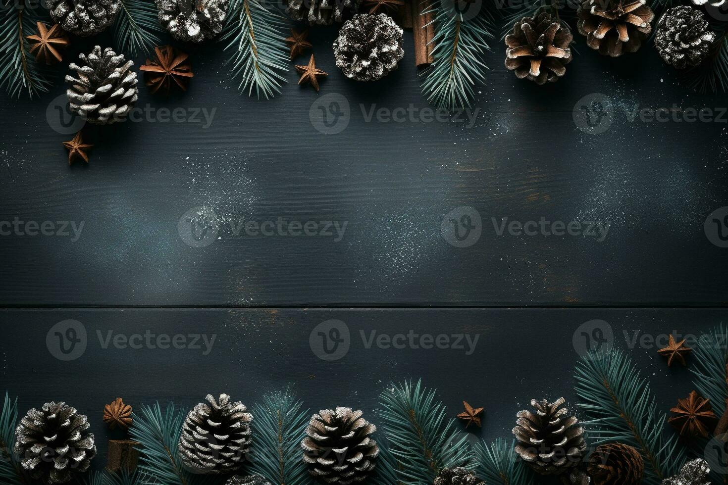 Background for a Christmas or New Year card. Composition of fir branches, cones, balls and garland lights. Flat lay with empty copy space. Ai generative photo