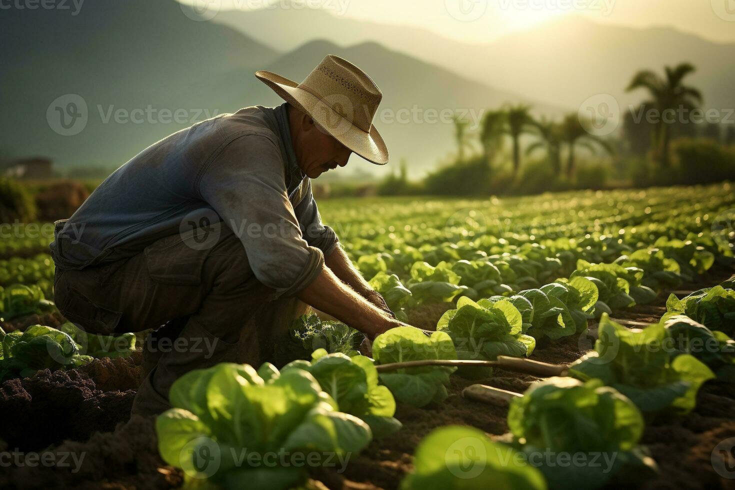 A farmer tends to a cabbage patch. Treatment of crops against pests. Ai generative photo