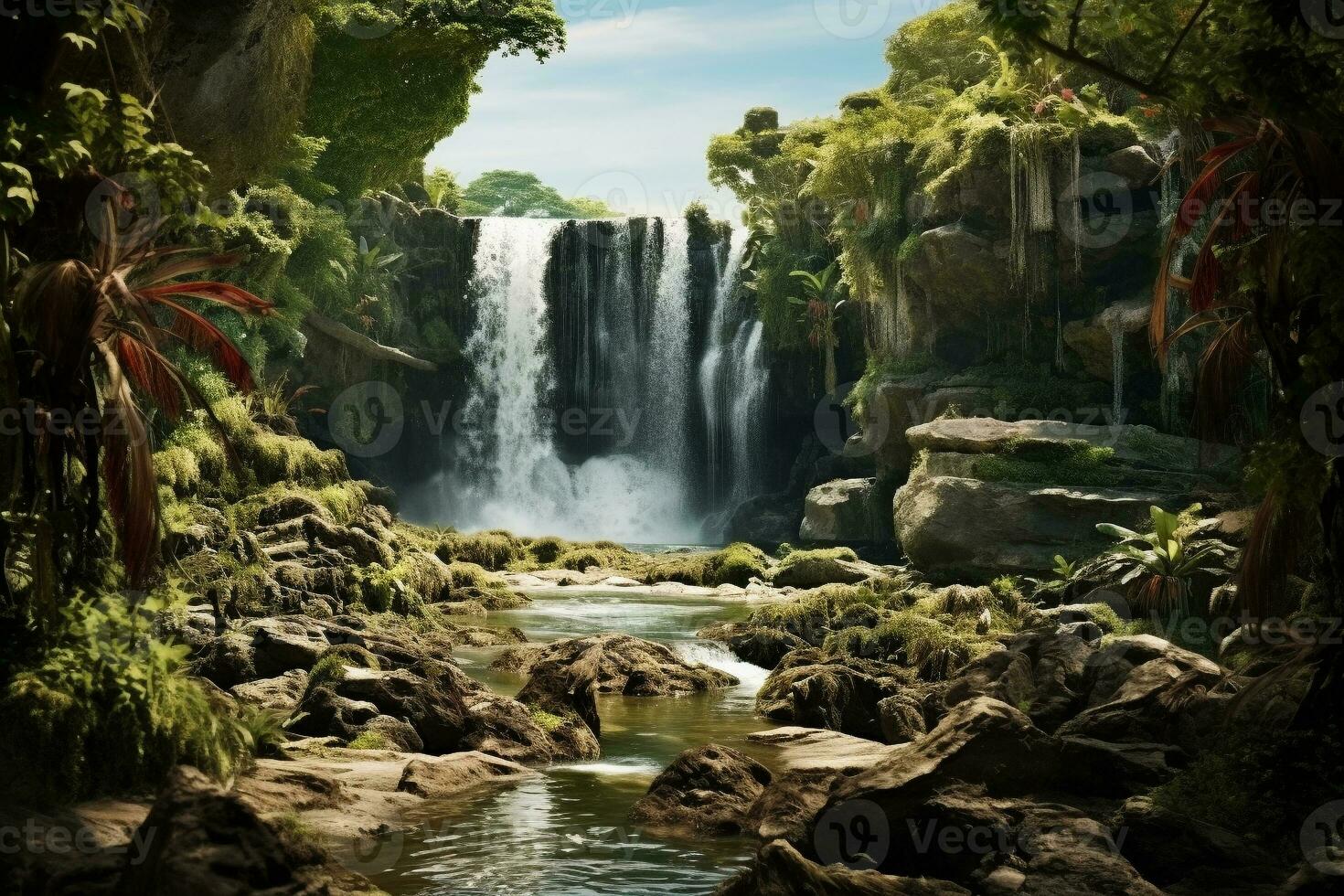 A picturesque waterfall flowing through a nature reserve with dense green vegetation and endangered plant species. Ai generative photo