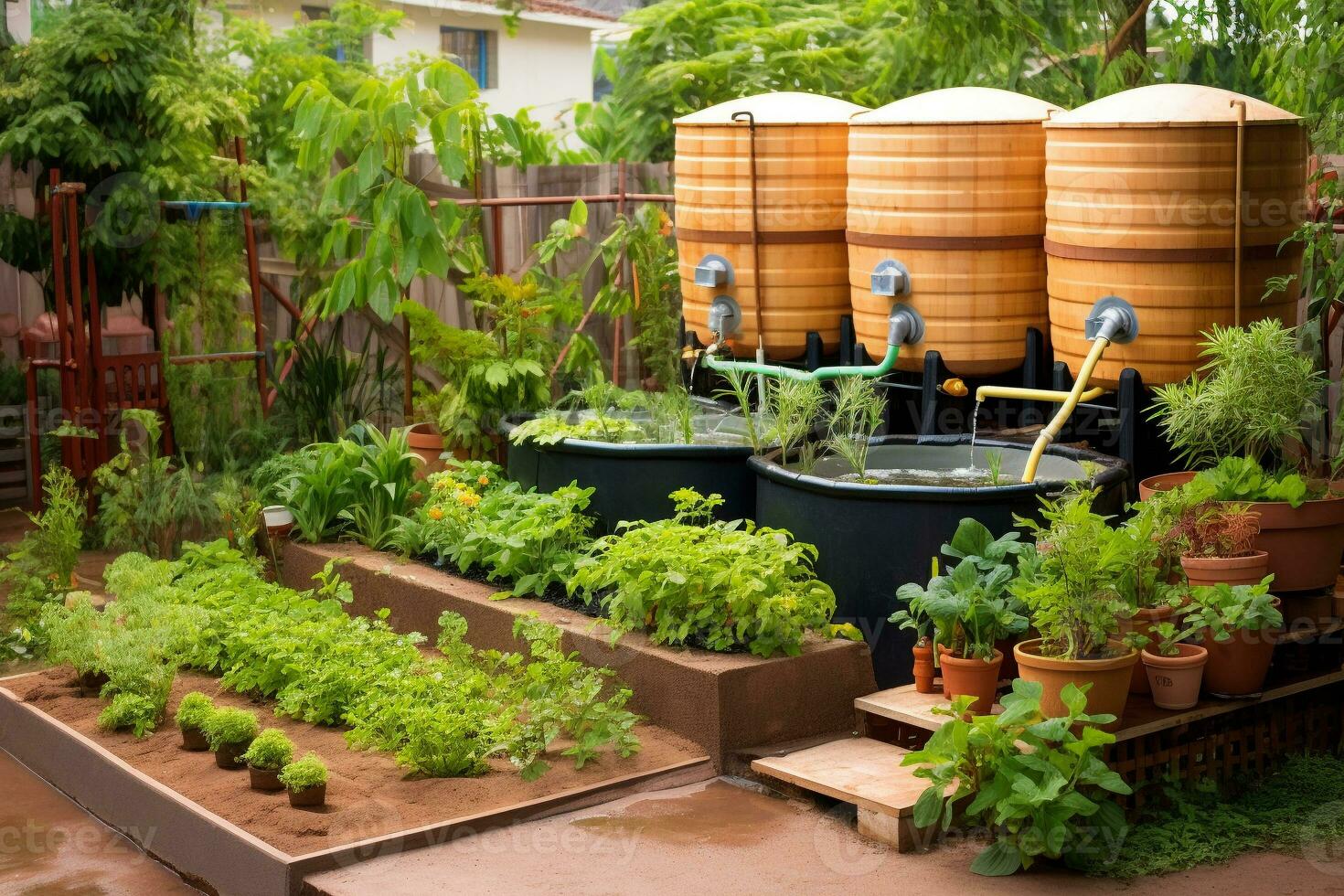 A home garden with rainwater harvesting and composting systems. Well-kept garden area with beds and water tanks. Household, flower beds with plants. Ai generative photo