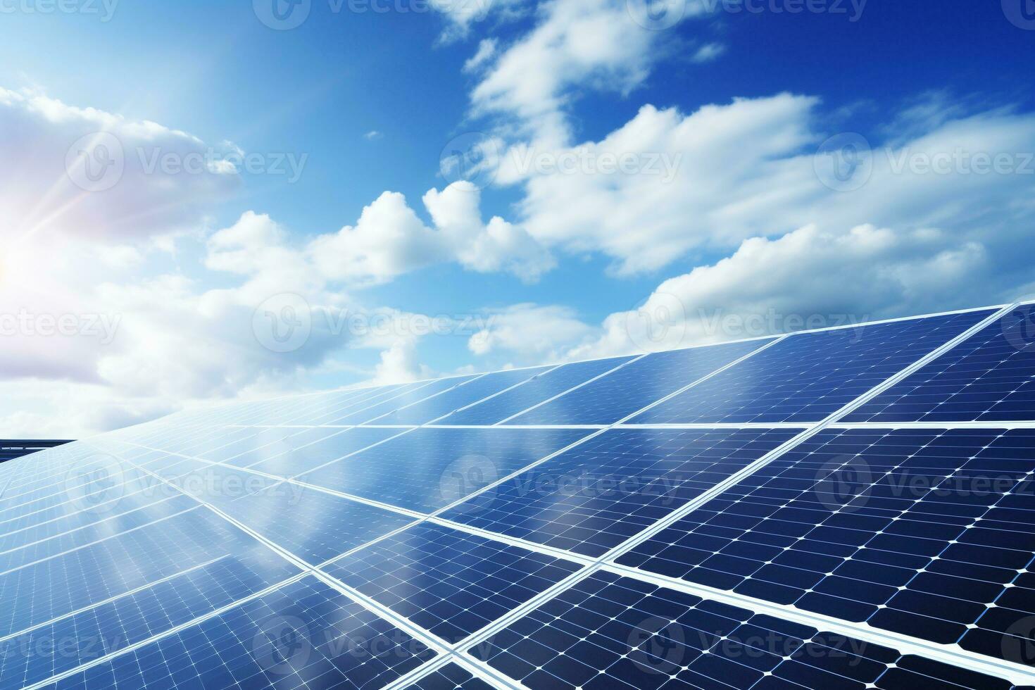 Solar panels generating clean energy glisten on city rooftops. Ai generative photo