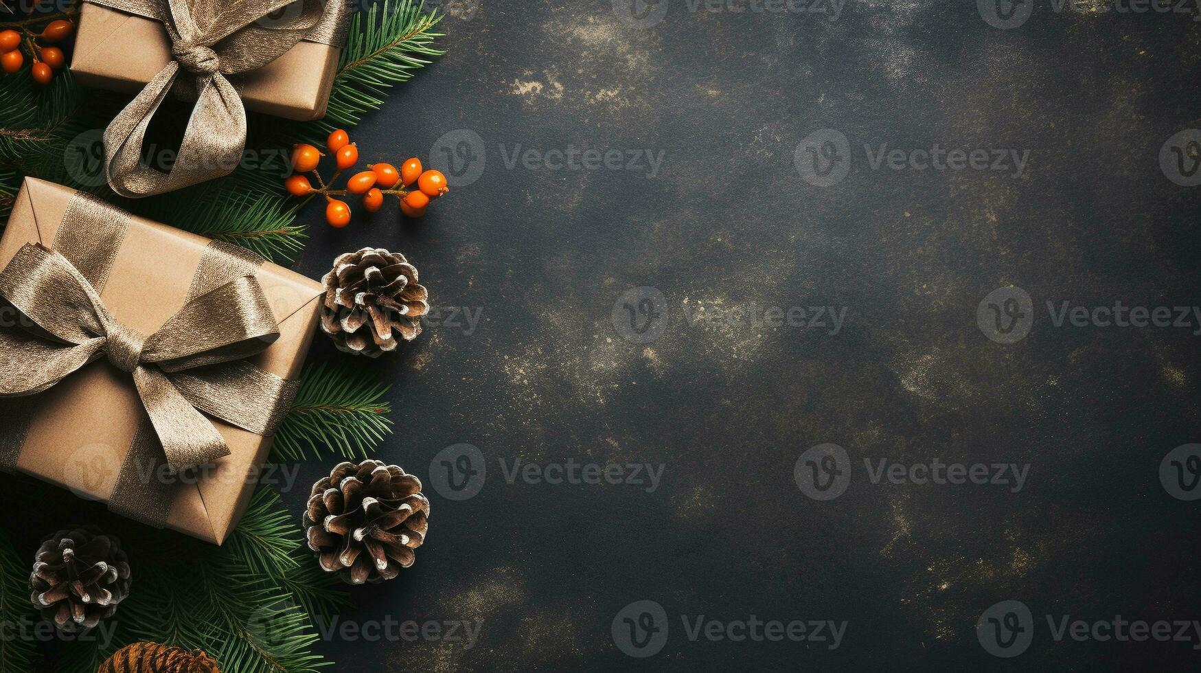 Christmas New Year card background with fir branches, cones, balls, gift box and ribbons. Flat lay with empty copy space. Ai generative photo