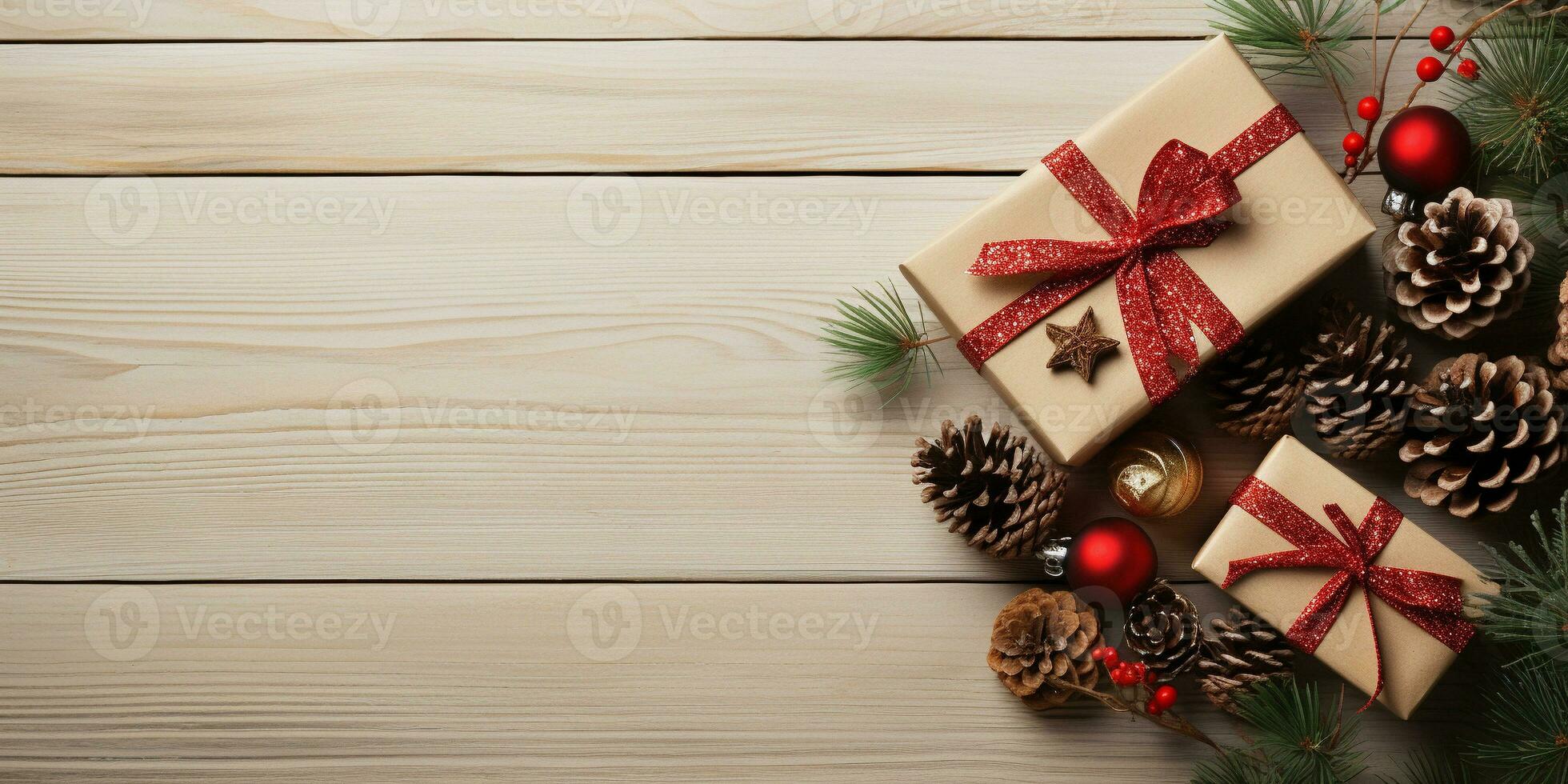 Christmas New Year card background with fir branches, cones, balls, gift box and ribbons. Flat lay with empty copy space. Ai generative photo