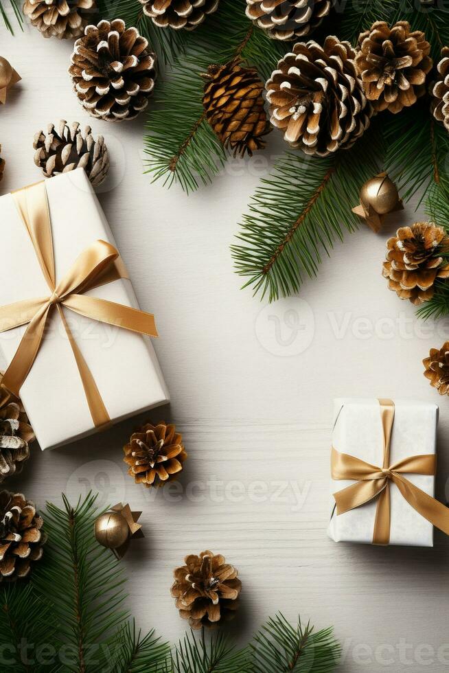 Christmas New Year card background with fir branches, cones, balls, gift box and ribbons. Flat lay with empty copy space. Ai generative photo