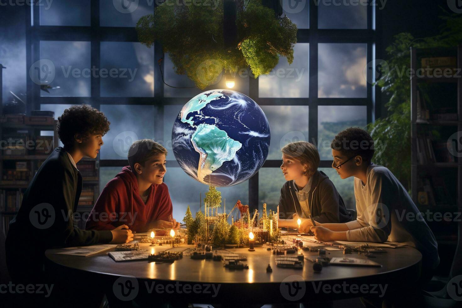 A group of students participating in a renewable energy science project. Schoolchildren perform laboratory work in Chemistry and Physics. Ai generative photo