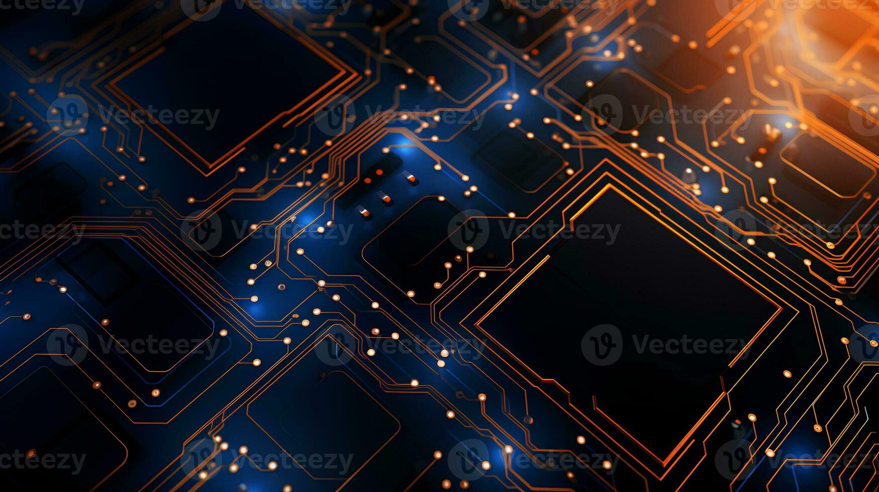 Detailed view of a contemporary electronic circuit board with a CPU, microchip, and various components, cutting-edge technology. Ai generative photo