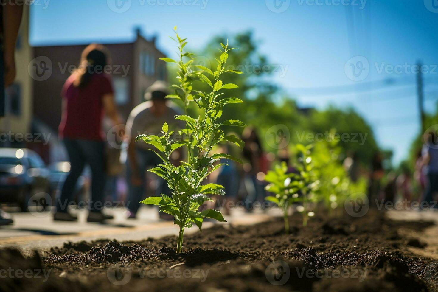 Group of volunteers plant tree seedlings. Urban neighborhood community celebrates Environment Day, Event Cleanup, Subbotnik. Ai generative photo