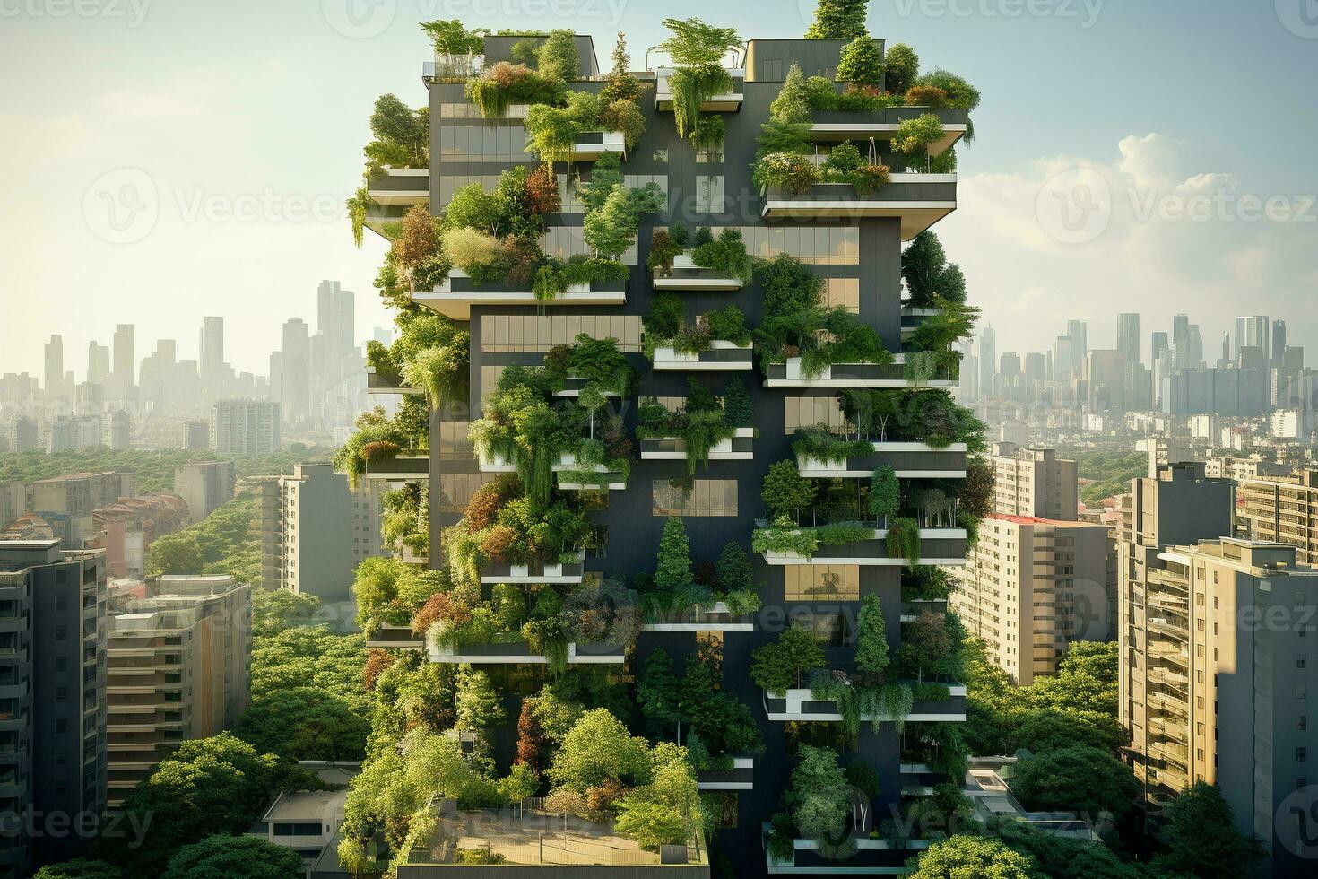 A modern green skyscraper covered in vertical gardens. The balconies of the residential building are planted with green plants. Purifying the air with the help of plants in the future. Ai generative photo