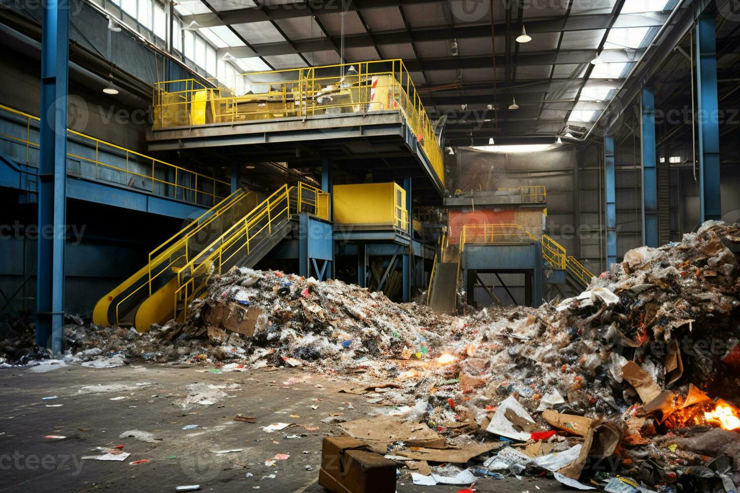 Waste sorting plant. Recycling and storage of waste for further disposal. Clean and organized waste separation facility in action. Ai generative photo