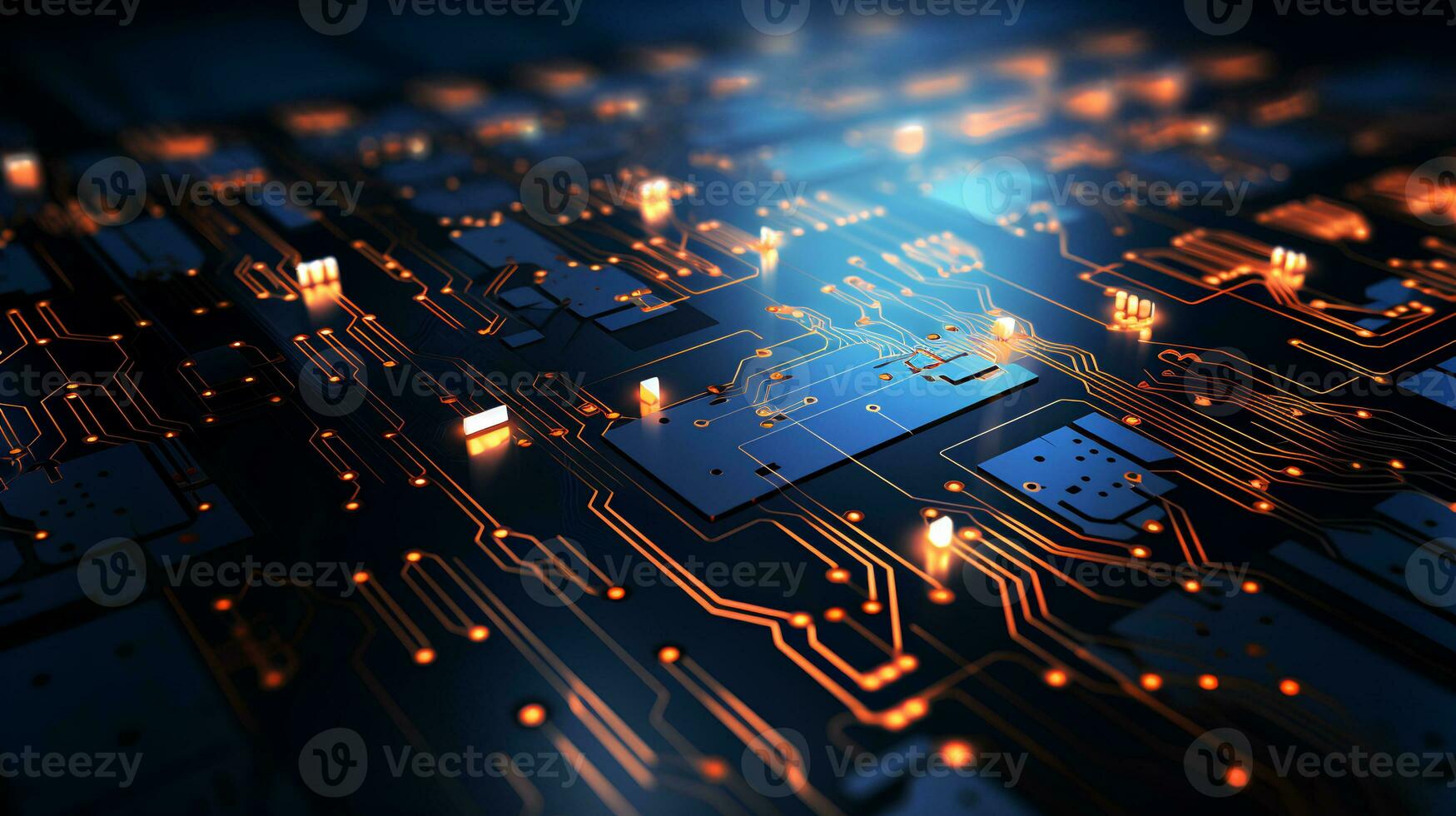 Detailed view of a contemporary electronic circuit board with a CPU, microchip, and various components, cutting-edge technology. Ai generative photo