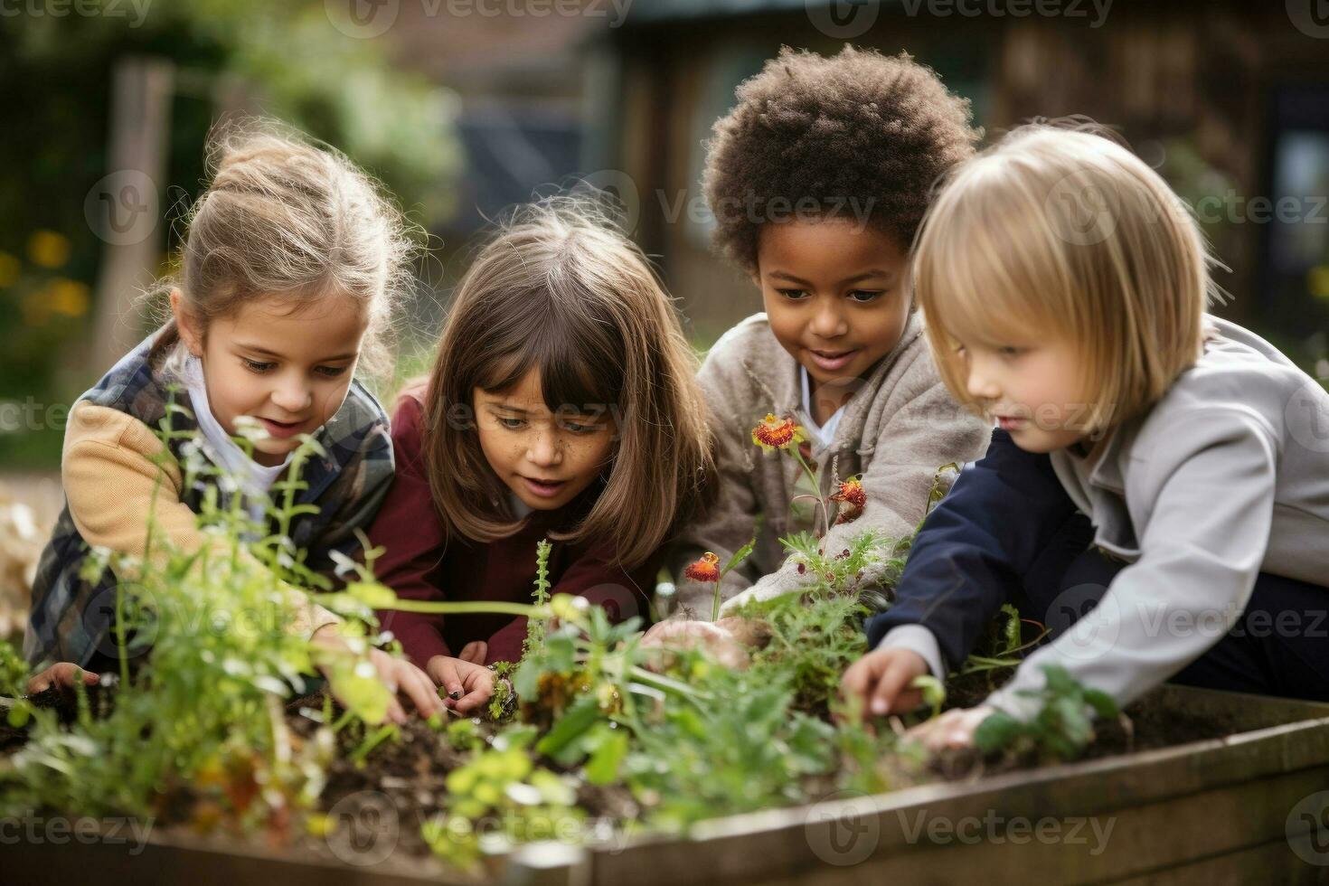 A group of children learning about composting in a school garden. Schoolchildren study wild plants. Ai generative photo