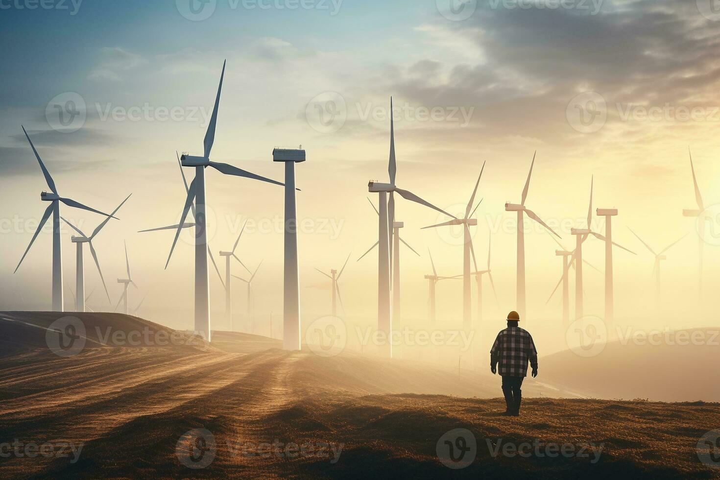 An engineer inspecting a wind turbine farm in the early morning light. Ai generative photo