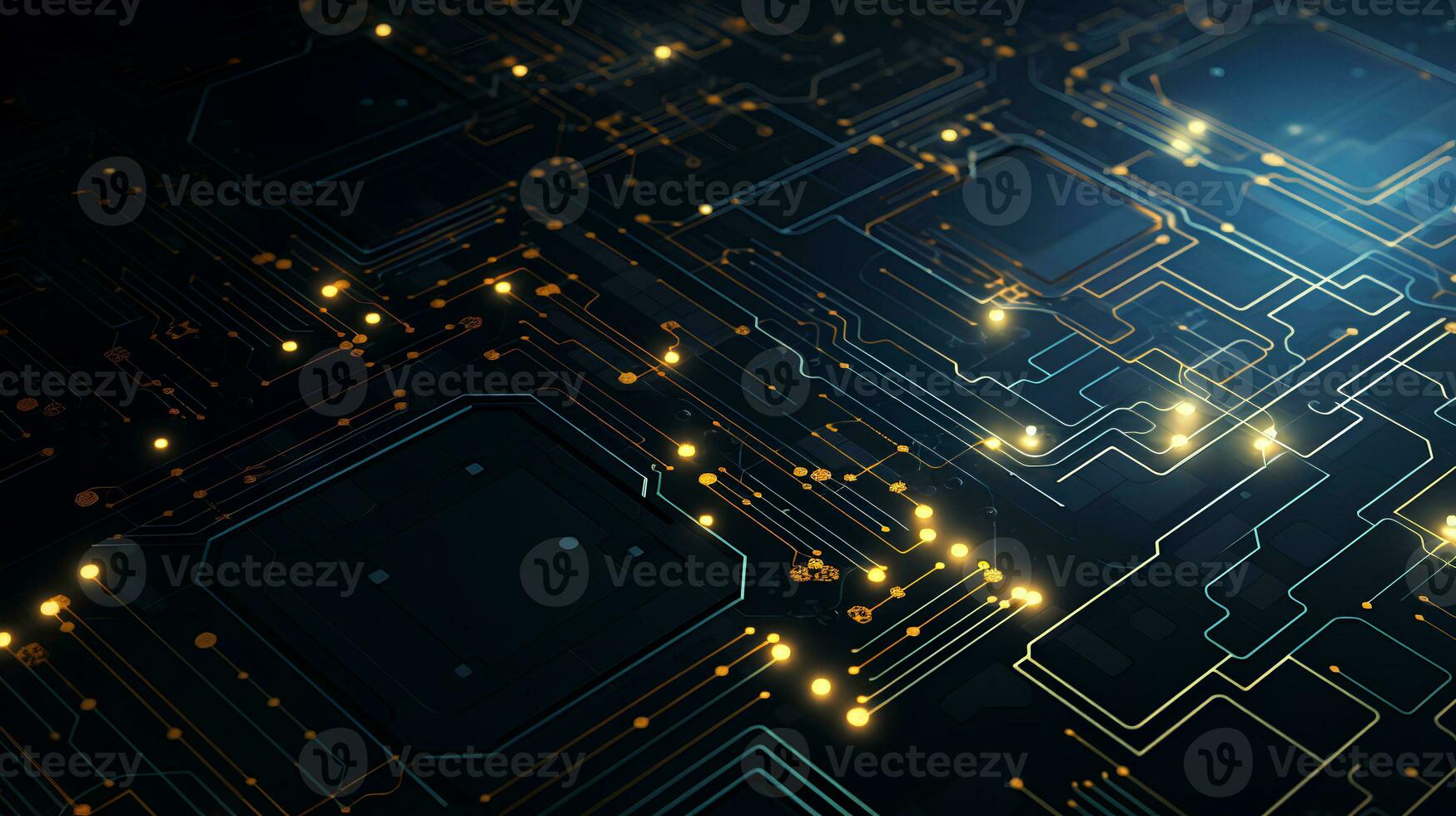 Detailed view of a contemporary electronic circuit board with a CPU, microchip, and various components, cutting-edge technology. Ai generative photo