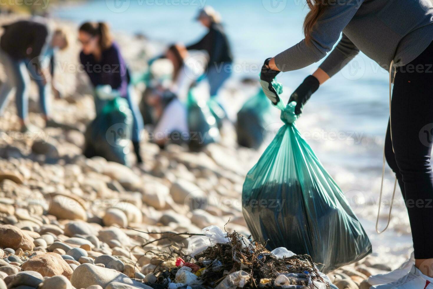 Group of people participating in a shoreline cleanup. People collect garbage. Cleaning day. Garbage in the ocean. Ai generative photo