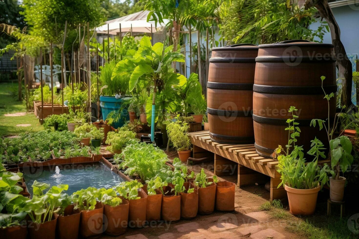 A home garden with rainwater harvesting and composting systems. Well-kept garden area with beds and water tanks. Household, flower beds with plants. Ai generative photo