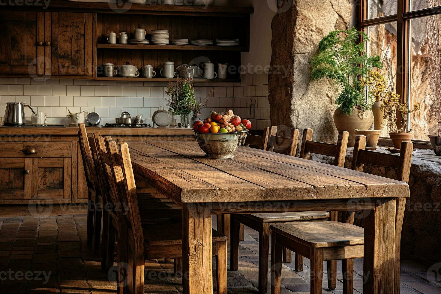 Rustic wooden dining table in a cozy earth toned kitchen. Ai generative photo