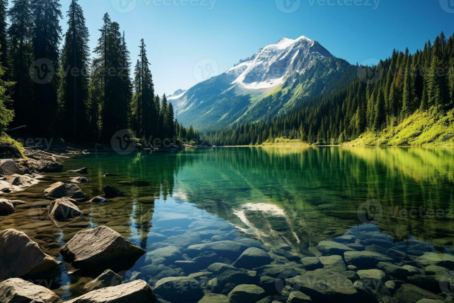 Clear mountain lake surrounded by a forest in a national park. Trees reflected in the bright turquoise water. Ai generative photo