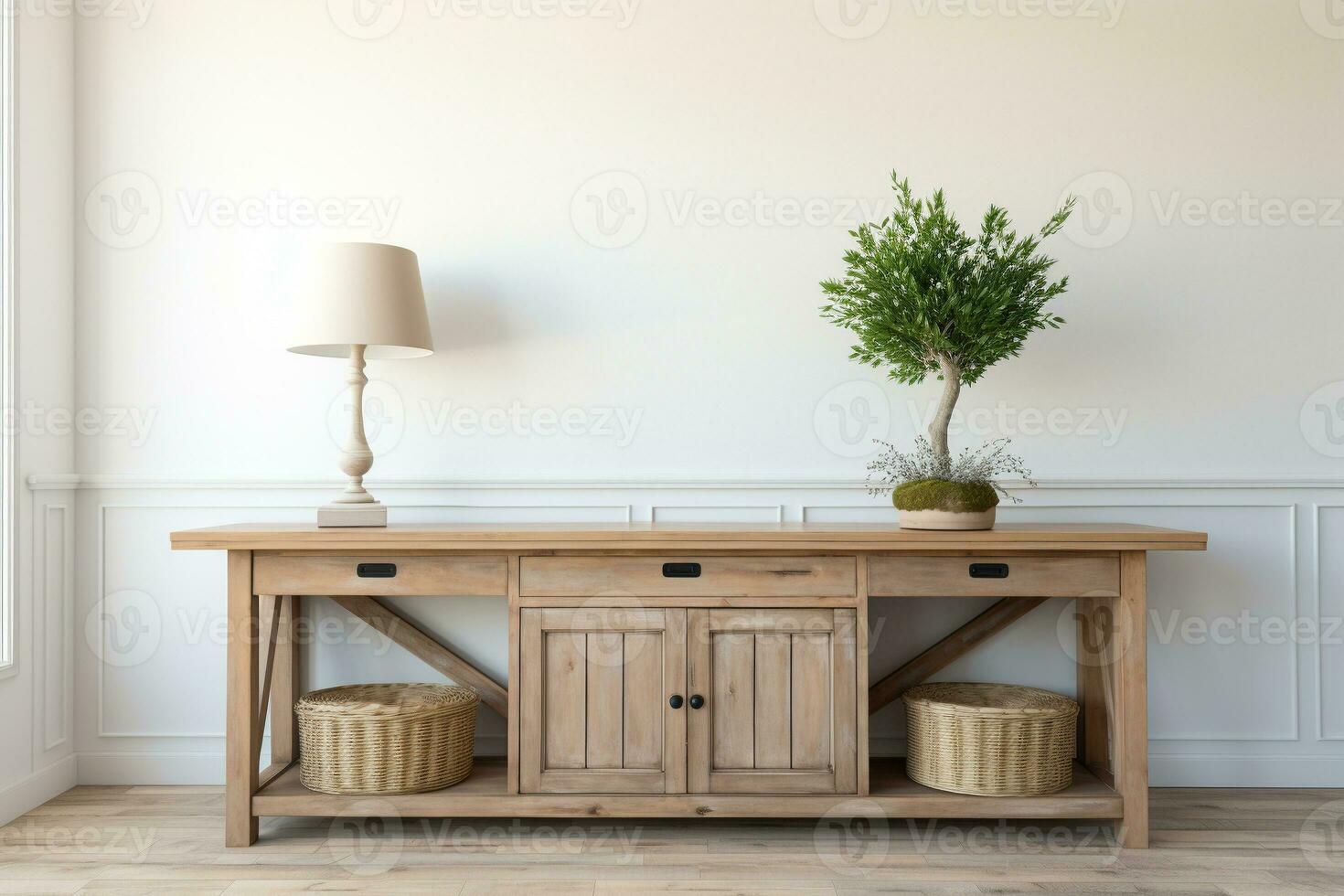 A farmhouse buffet complements a rustic dining room with natural wood tones. Ai generative photo