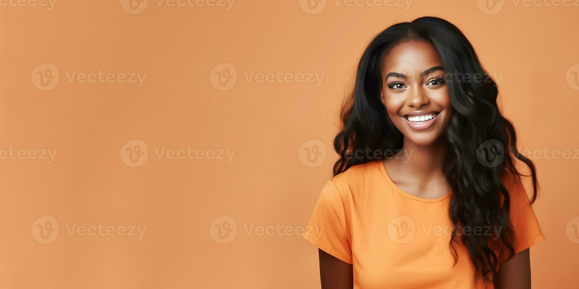 Smimilg young woman with dark skin and long groomed hair isolated on flat orange pastel background with copy space. Model for banner of cosmetic products, beauty salon and dentistry. Ai generative photo