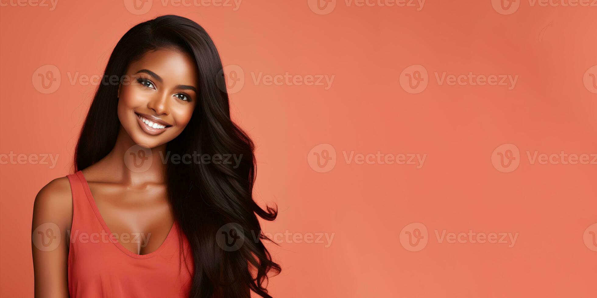 Smimilg young woman with dark skin and long groomed hair isolated on flat red pastel background with copy space. Model for banner of cosmetic products, beauty salon and dentistry. Ai generative photo