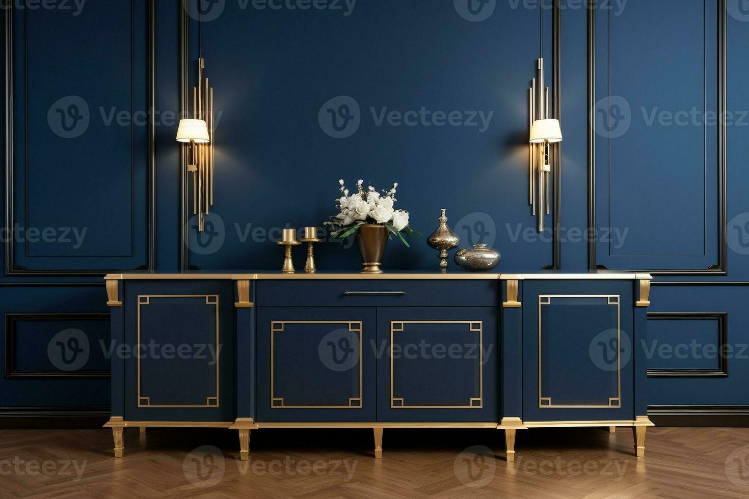 Art Deco Buffet Decorating a Classic Dining Room with Luxurious Gold and Navy Blue. Ai generative photo