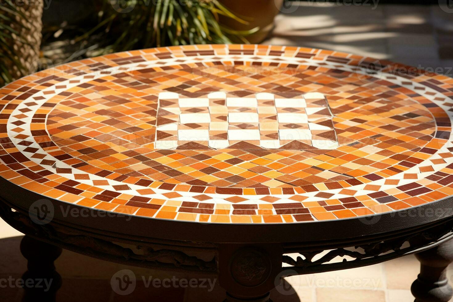 Mediterranean style mosaic tile coffee table for outdoor patio with warm terracotta. Ai generative photo