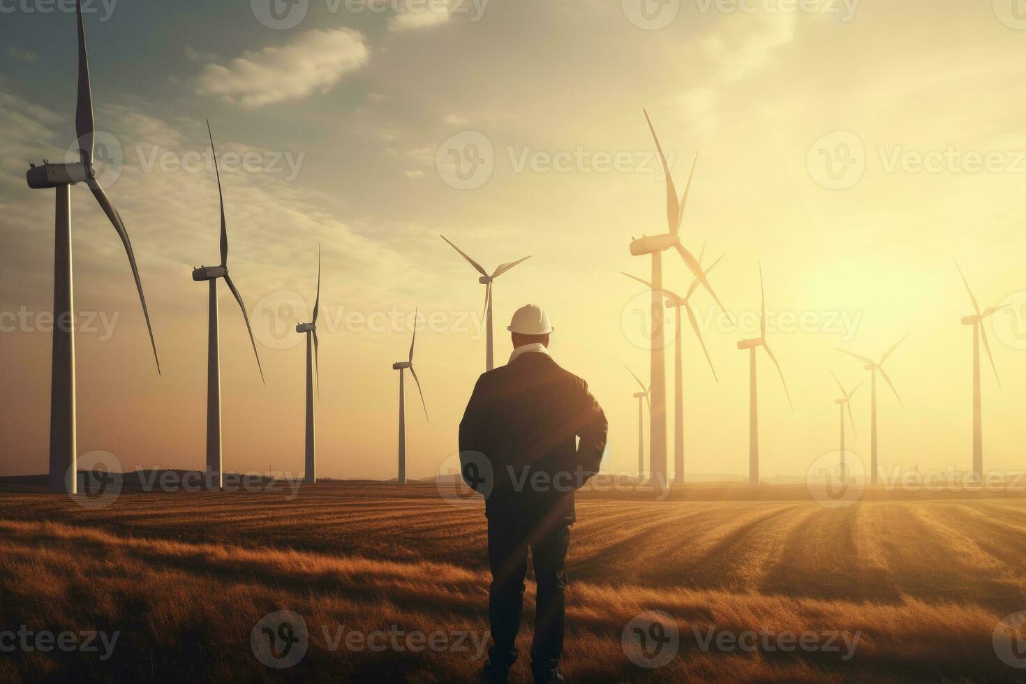 An engineer inspecting a wind turbine farm in the early morning light. Ai generative photo