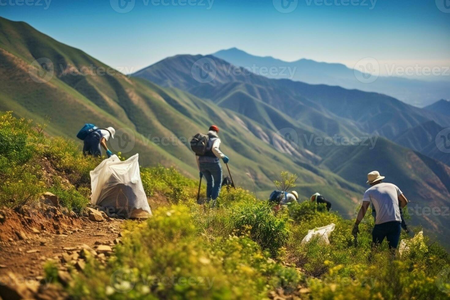 A group of volunteers collects garbage against the backdrop of majestic mountains. People collect garbage. Cleaning day. Environmental pollution. Ai generative photo