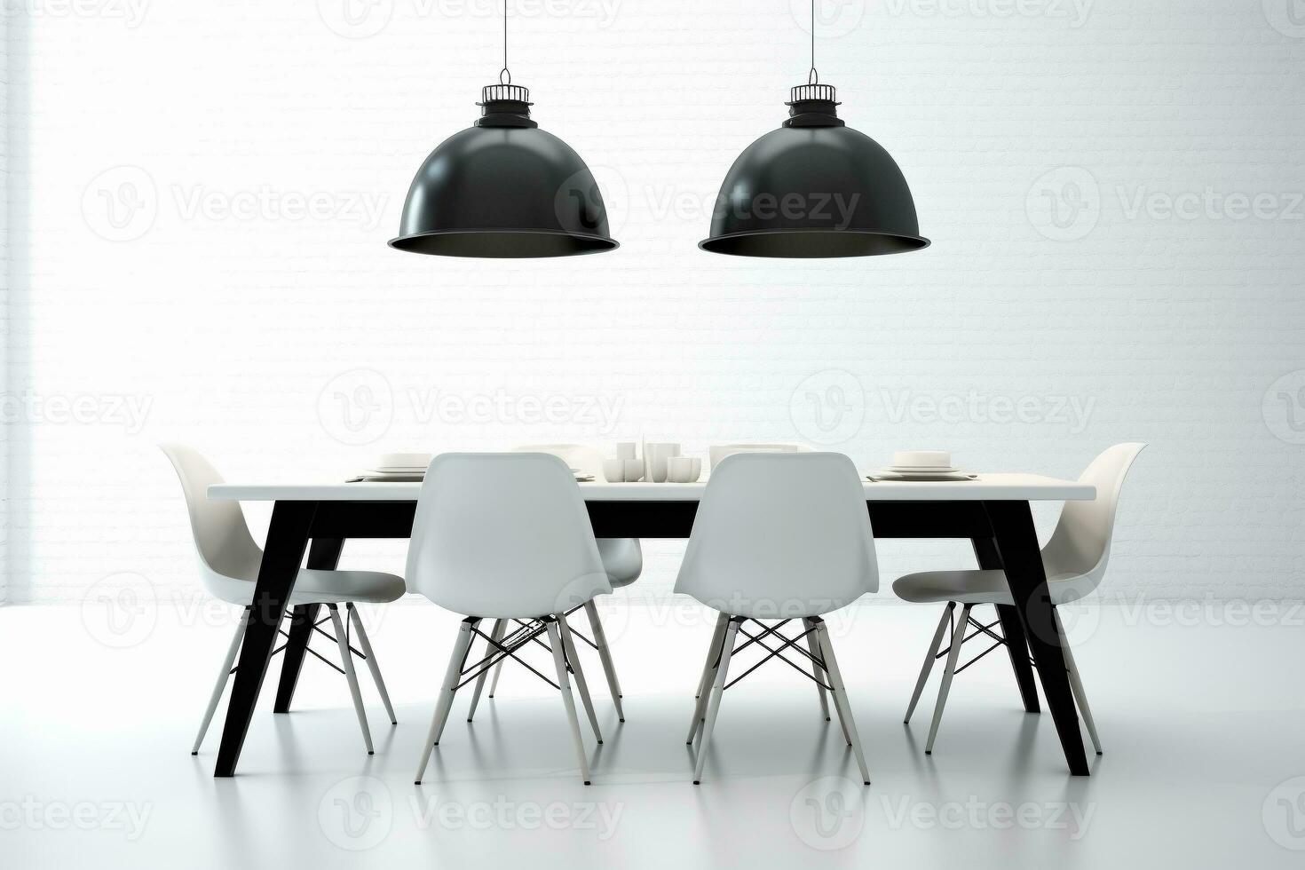 Dining area interior in black and white colors. Eames style chairs surrounding a modern dining table in a monochrome setting. Ai generative photo