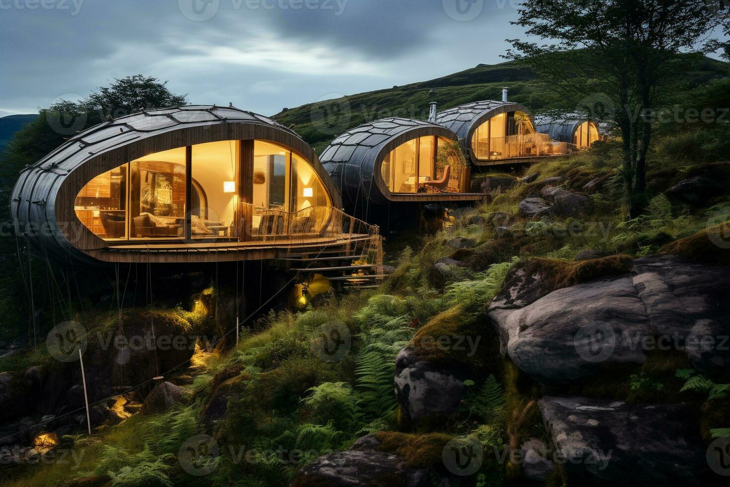 A sustainable eco-lodge cozy nestled in a remote, unspoiled wilderness. Holidays away from the city. Ai generative photo