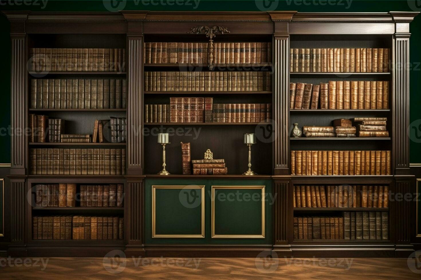 Tall bookshelves frame a classic home library in rich mahogany and dark green. Ai generative photo