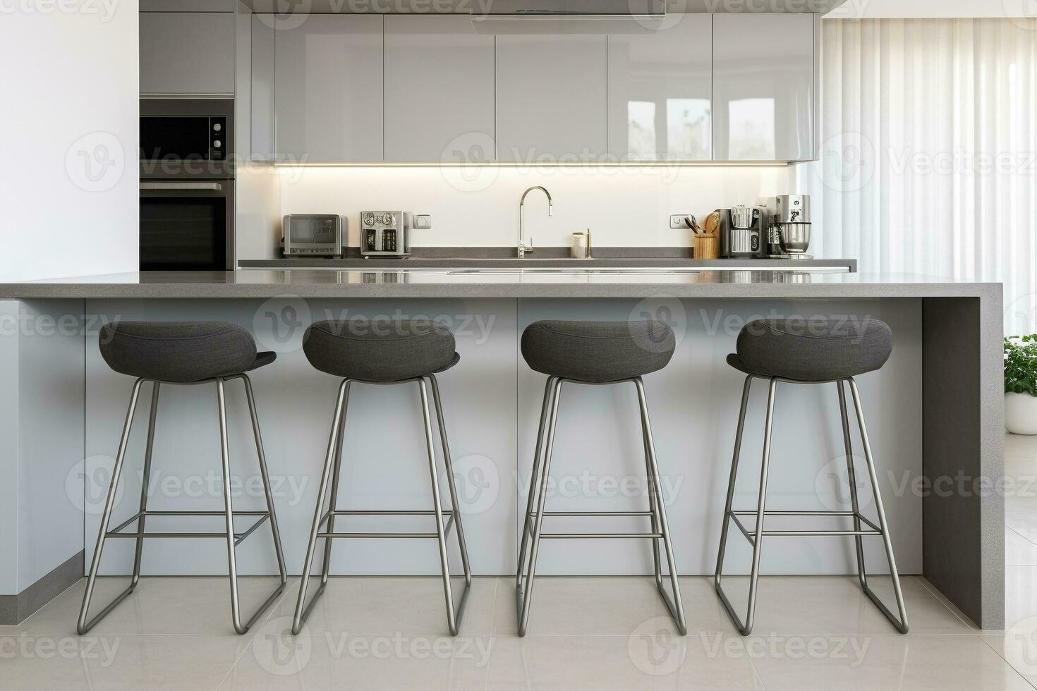Minimalist metal bar stools complement a modern kitchen in sleek gray tones. Ai generative photo