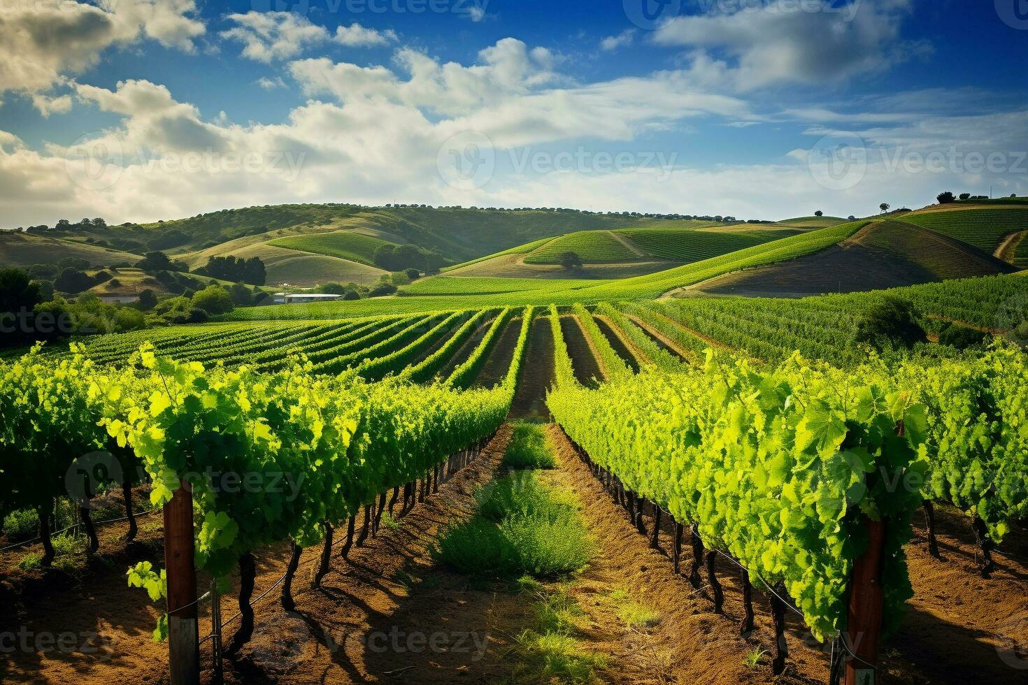 A picturesque vineyard in a beautiful green valley with mountains in the background. Growing using sustainable farming and irrigation methods. Ai generative photo