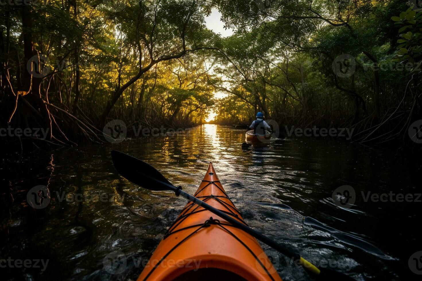 un kayac excursión a lo largo un río con claro agua entre el copas de los árboles Respetuoso del medio ambiente fiesta sin perjudicando el ambiente. ai generativo foto