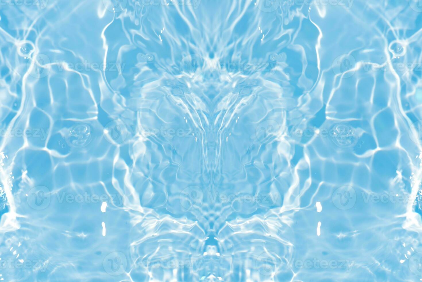 Defocus blurred transparent blue colored clear calm water surface texture with splashes reflection. Trendy abstract nature background. Water waves in sunlight with copy space. Blue watercolor shine. photo